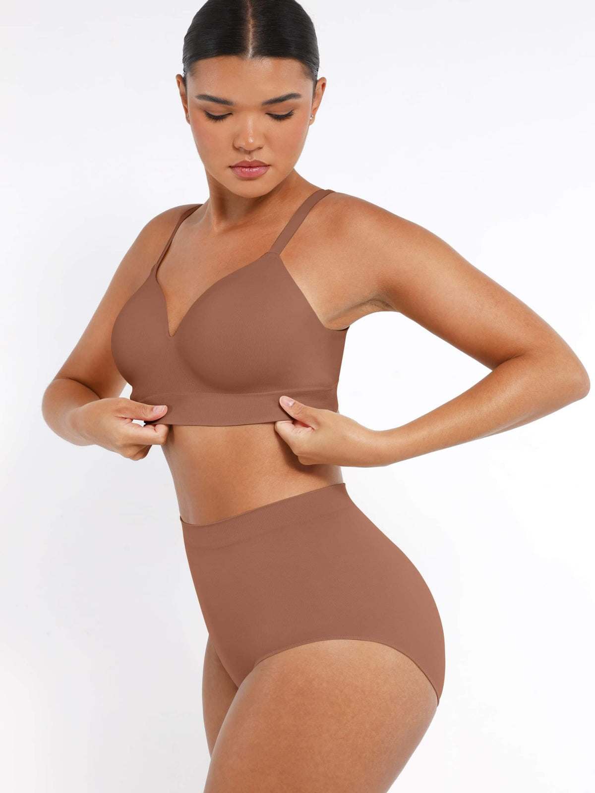 Wireless bra offering seamless support and backless design for comfort and elegance.