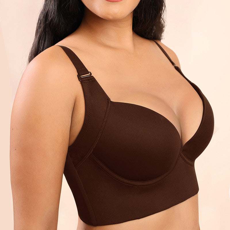 Large push up breast holding bra with glossy surface and steel ring in brown color