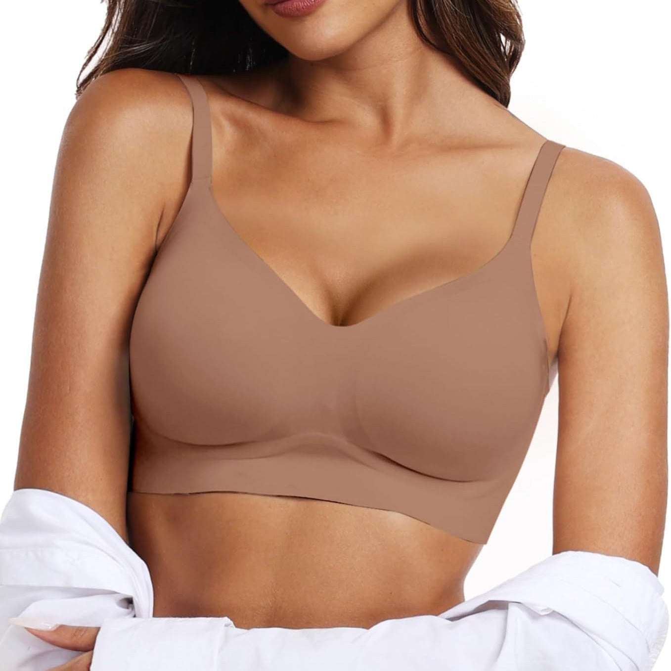comfortable wireless women's daily bra in brown cotton with fixed double-shoulder straps